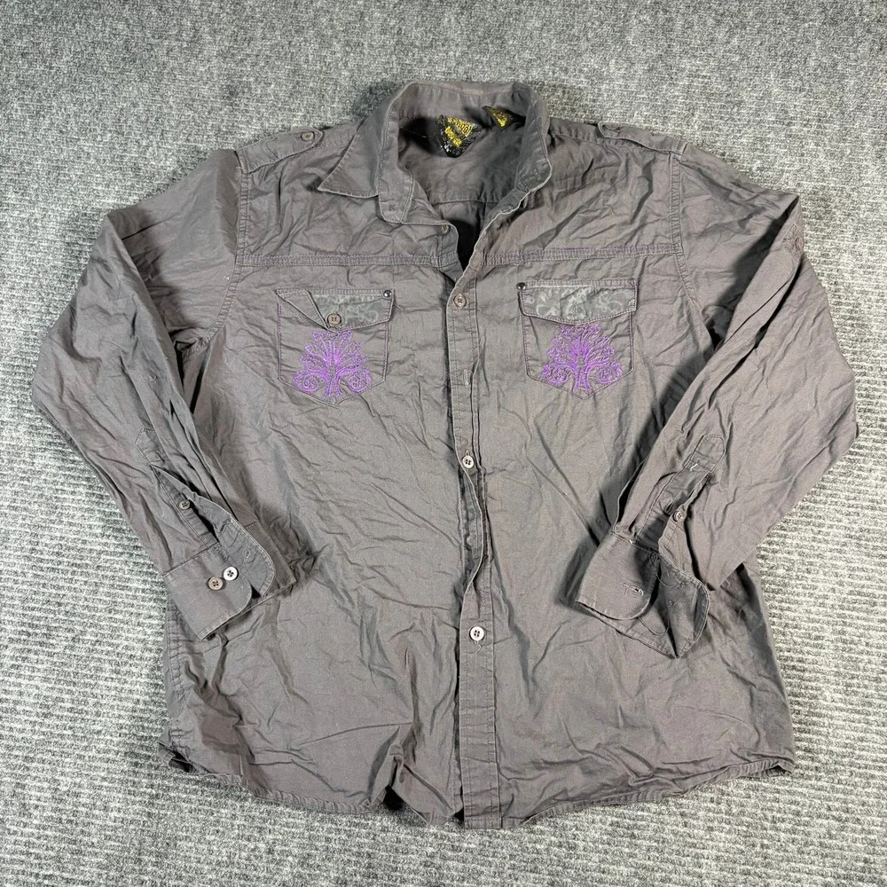 Old Skool Button Down Shirt Boys L 14-16 Gray Good Urban Royale Graphic Y2K